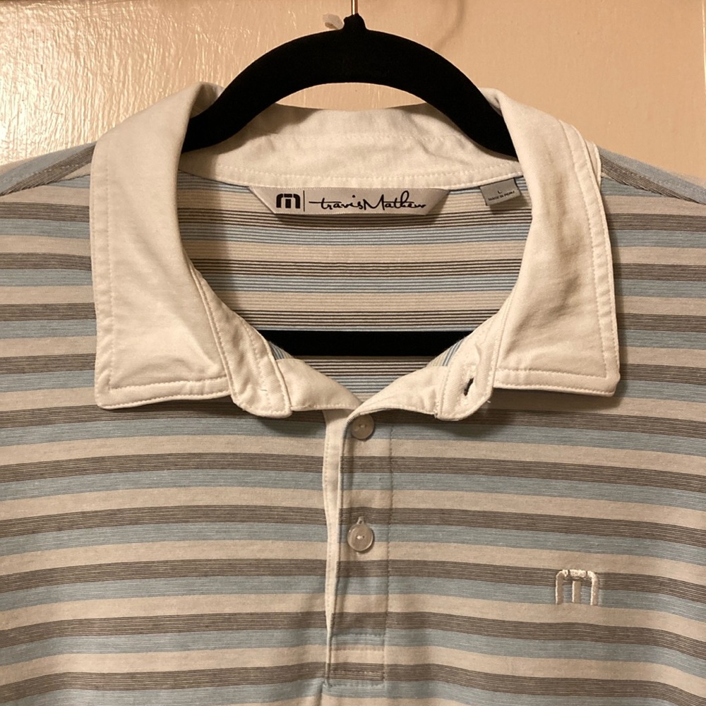 Travis Mathew Men’s Striped Polo Golf Shirt Size L Short Sleeve Embroidered Logo